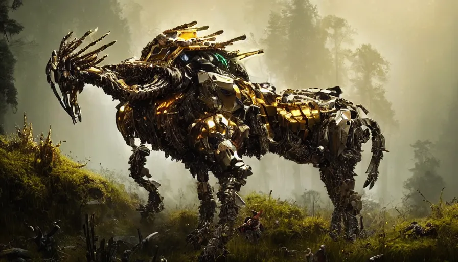 Image similar to walking animal mech covered in gold and silver armor with horizon zero dawn and elden ring aesthetic, covered in moss and birds, glowing lights, beautiful forests and trees, intricate detail, cinematic, dramatic lighting, art by darek zabrocki and John Park and Feng Zhu and Jason Chan, trending on artstation, masterpiece.