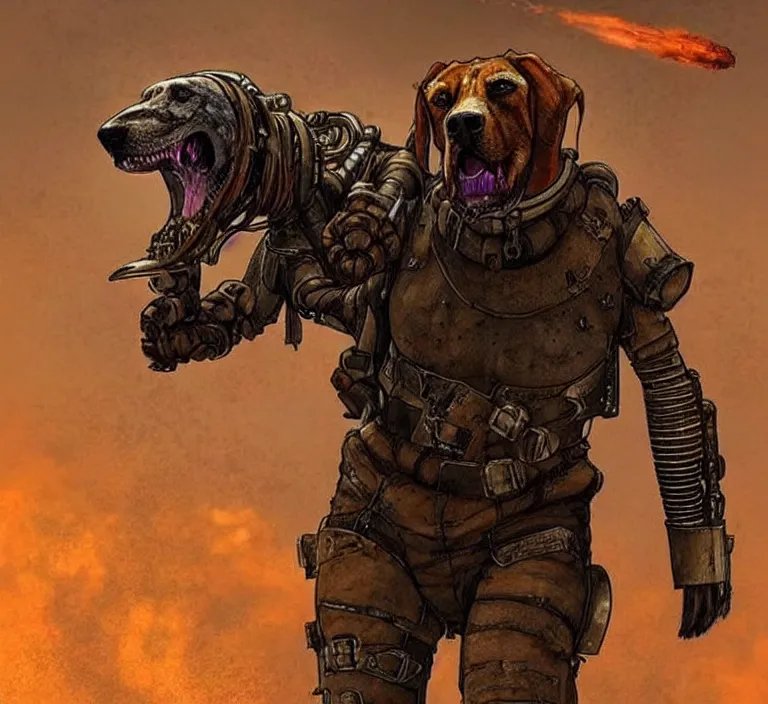 Image similar to a good ol'bloodhound dog fursona ( from the furry fandom ), heavily armed and armored facing down armageddon in a dark and gritty version from the makers of mad max : fury road. witness me.