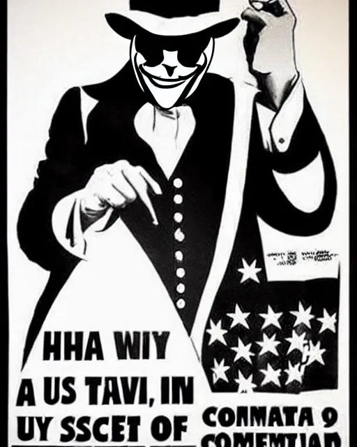 Prompt: anonymous as uncle sam in the style of australian communist propaganda poster art in the year 1 9 8 7, ultra realistic concept art intricate detail