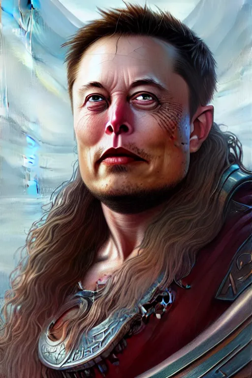 Image similar to elon musk as viking, portrait, face tattooed, highly detailed, digital painting, artstation, concept art, smooth, sharp focus, illustration, cinematic lighting, art by artgerm and greg rutkowski and alphonse mucha