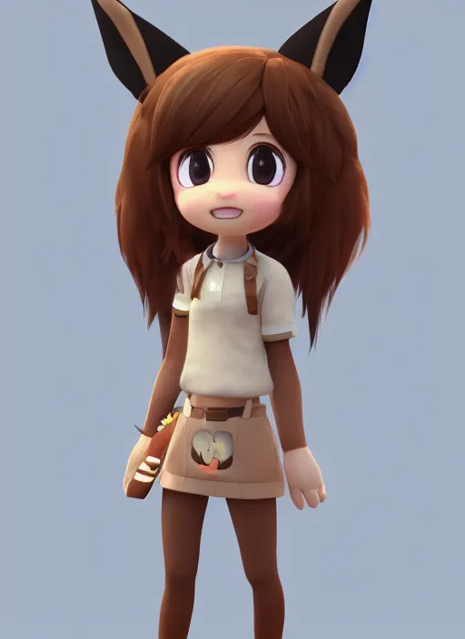 Prompt: female eevee mini cute girl, character adoptable, highly detailed, rendered, ray - tracing, cgi animated, 3 d demo reel avatar, style of maple story and zootopia, maple story eevee trainer, fluffy, dark skin, cool clothes, soft shade, soft lighting, portrait pose