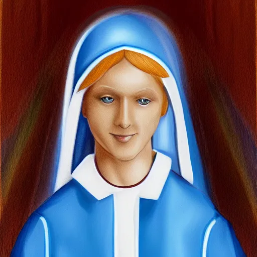 Image similar to blonde nun in blue clothes on roller skates, photorealistic, in the style of michaelangelo