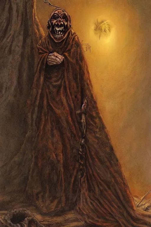 Image similar to a sniveling rat person wearing a decaying brown cloak, painting by ed binkley