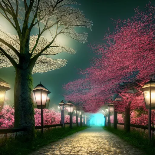 Image similar to photorealistic beautiful cherry blossom forest with victorian lanterns lining the stone pathway. hyperdetailed photorealism, 1 0 8 megapixels, amazing depth, glowing rich colors, powerful imagery, psychedelic overtones, 3 d finalrender, 3 d shading, cinematic lighting, artstation concept art