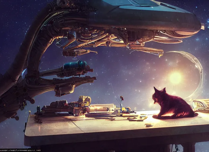 Image similar to alien space cat sleeping on a mechanics workbench in a spaceport in a space opera ghibli animated film, volumetric lighting, octane render by stanley artgerm lau, greg rutkowski, thomas kindkade, alphonse mucha, loish, norman rockwel, highly detailed