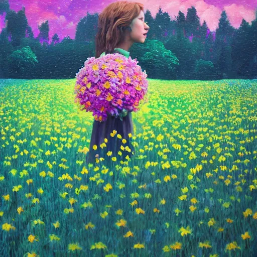 Image similar to girl with a huge flower as a face, surreal photography, dream, standing in flower field, hills, big trees, sunrise dramatic light, impressionist painting, colorful clouds, digital painting, pointillism, artstation, simon stalenhag, flower face