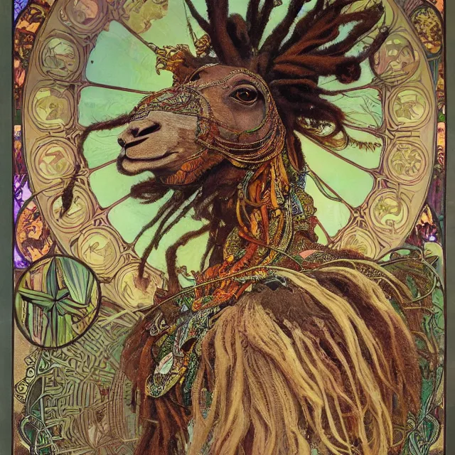 Image similar to llama with dreadlocks, detailed, by alphonse mucha, ernst haeckel, james jean, el anatsui, mandy jurgens