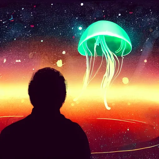 Image similar to over the shoulder photo of a man watching a magic glowing jellyfish in glowing cosmic stardust, colorful stars, galaxies, space, award winning photo, intricate, high detail, atmospheric, desolate, artstation