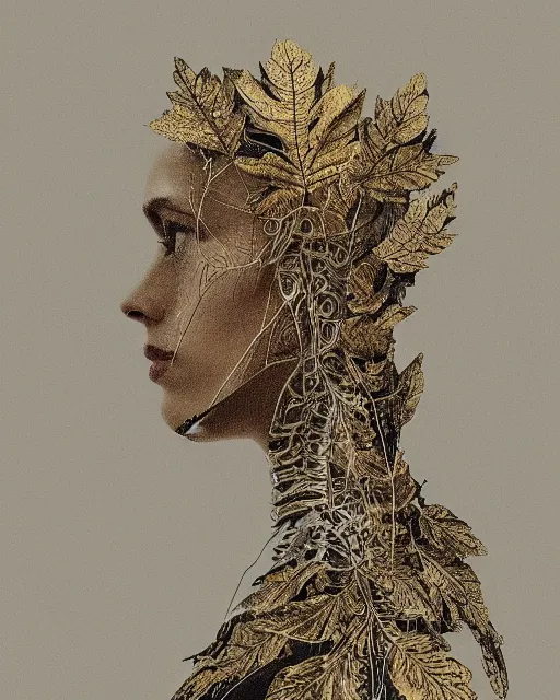 Image similar to a woman's face in profile, wearing a vintage motorcycle helmet made of recursive intricate delicate leaf skeleton, in the style of the dutch masters and gregory crewdson, dark and moody