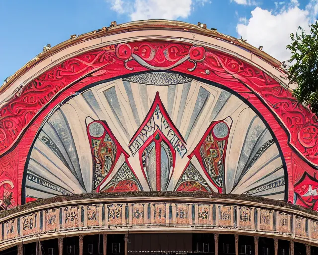 Image similar to photo of an outdoor mural of an opera house from the early 1 9 0 0 s in the style of art nouveau, red curtains, art nouveau design elements, art nouveau ornament, opera house architectural elements, painted on a brick wall, outdoor mural, mucha, masonic symbols, masonic lodge