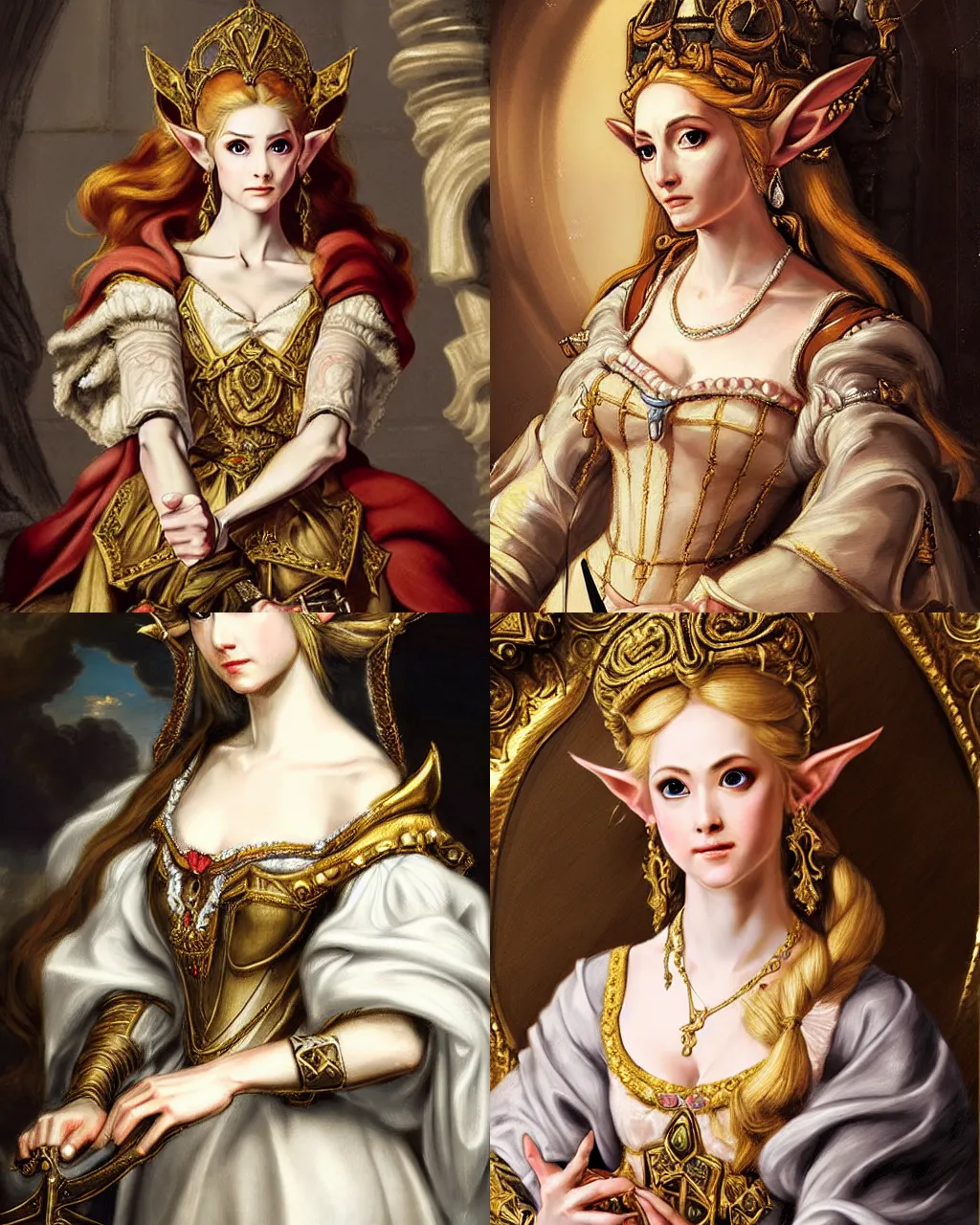 Prompt: detailed baroque painting of princess zelda, from legend of zelda, as an elegant noblewoman, highy detailed face, soft silk dress, style of aleksi briclot and peter paul rubens, intricate, soft lighting, beautiful art, legend of zelda, master sword