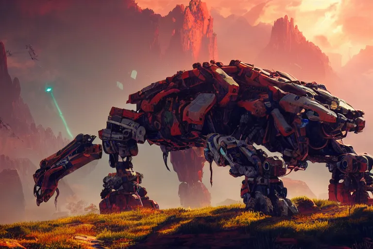 Image similar to rockbreaker machine mecanical creature robot of horizon forbidden west horizon zero dawn radiating a glowing aura global illumination ray tracing hdr fanart arstation by ian pesty and alena aenami artworks in 4 k