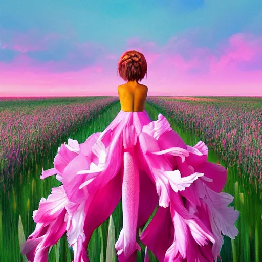 Image similar to giant gladiola flower as head, full body girl standing in a flower field, surreal photography, sunrise, dramatic light, impressionist painting, colorful clouds, digital painting, artstation, simon stalenhag