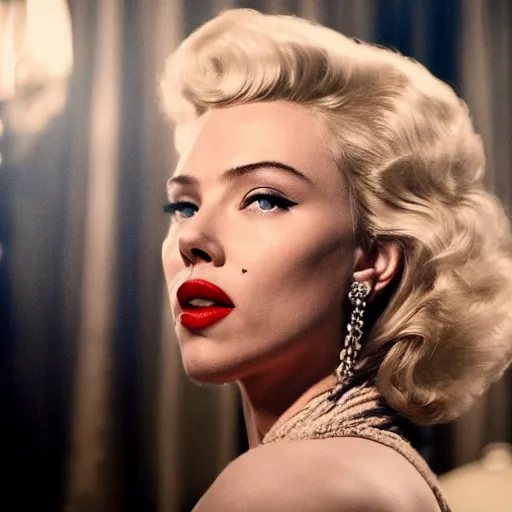 Image similar to stunning awe inspiring scarlett johansen as marilyn monroe, movie still 8 k hdr atmospheric lighting