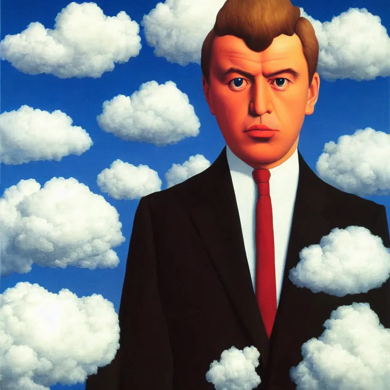 Image similar to portrait of a chrome - faced man in a suit, clouds in the background, by rene magritte, detailed painting, distance, centered, hd, hq, high resolution, high detail, 4 k, 8 k