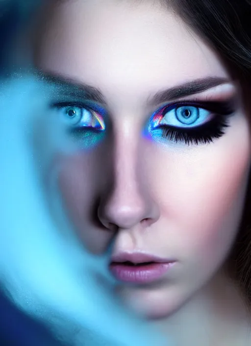 Image similar to a young Russian woman with brunette looking at the camera while in a swirling alternate reality. close-up of face with smokey eyeshadow. soft detailed painting at 16K resolution and amazingly epic visuals. epically beautiful image. amazing effect, image looks gorgeously crisp as far as it's visual fidelity goes, absolutely outstanding. vivid clarity. ultra detail. iridescent. mind-breaking. mega-beautiful pencil shadowing. beautiful face. Ultra High Definition. soft shading. soft texture. intensely beautiful.