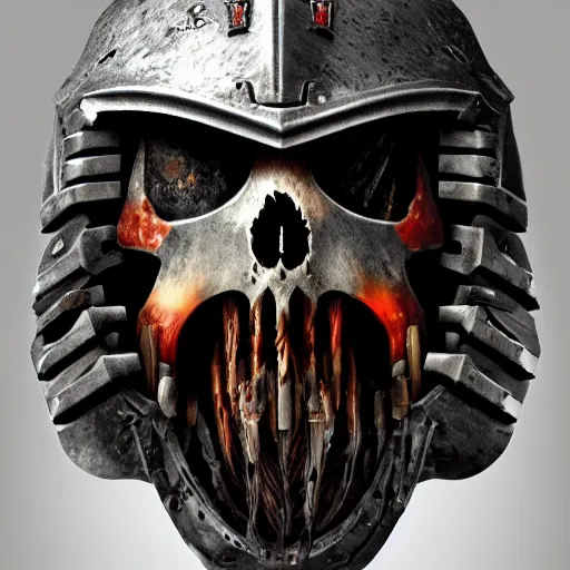 Prompt: warhammer 4 0 0 0 0 space marine, raven skull helmet, terrifying, grimdark, horror, war, photorealistic, front view, symmetrical, artstation, dark souls style