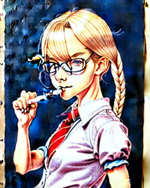 Image similar to depicting a young mischievous female prep school student with medium length bright blonde hair and pale skin, in an old study room smoking her dad's cigarettes, complex artistic color ink pen sketch illustration, subtle detailing, illustrated by Artgerm and Range Murata.