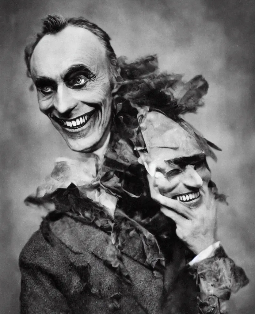 Prompt: portrait of conrad veidt the man who laughs wide grin, award winning colorized photo, sharp color palette