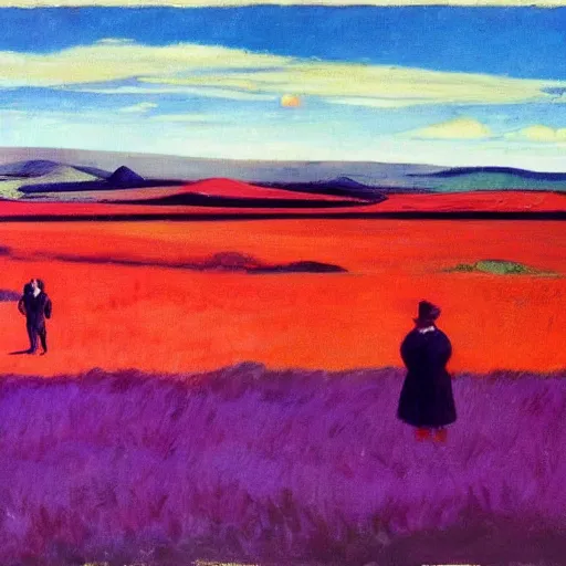 Prompt: the end of everything all at once, people looking up on the grasslands to witness it, red - black, vibrant colors, edward hopper painting, massive purple explosion