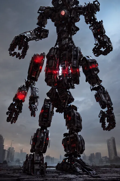 Image similar to a futurecore fractal boxing humanoid mecha in ruin city, twilight, by real steel ( 2 0 1 1 ) and pacific rim and machine warrior 5, cryengine, post apocalyptic, mechanical structure, unreal engine 5, scarlet and black scheme, sharp focus, 8 k realistic, hyper detailed, bright, ray tracing, realistic shaded, smooth face