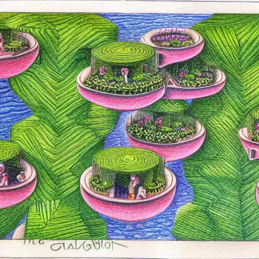 Image similar to hanging gardens of babylon, in the style of m c escher, colored pencil drawing