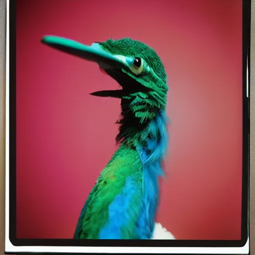 Prompt: close-up shot of a quetzal wearing hoodie in 80s, funny, Polaroid photo, by Warhol