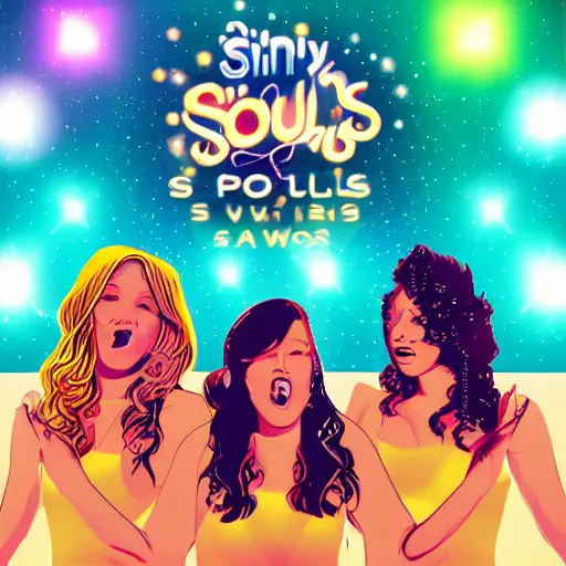 Image similar to illustration of a pop rock music group named'shiny souls'with two woman singers with blonde hair and one woman singer with brown curly hair singing in front of the crowd in a stadium, firework in background, aerial view, digital art