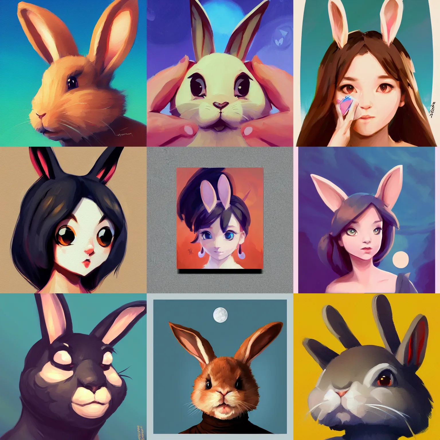 Prompt: cartoony, cute kawaii Greg Manchess portrait painting of a rabbit bunny animal character, head shot, Organic Painting, Matte Painting, bold shapes, hard edges, app icon, moon in background, trending on artstation, by Sachin Teng, artgerm, rossdraws