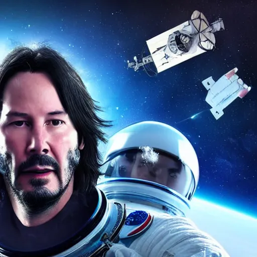 Prompt: keanu reeves in space with astronauts, instagram photo, full hd, 8 k, unreal engine, octane render, hyper detailed, hyper realistic, photorealistic, vfx, houdini, full body