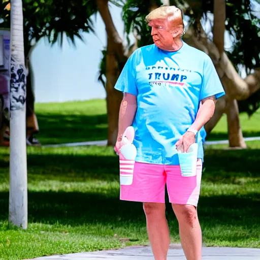 Prompt: donald trump wearing a pair of light blue hoochie daddy shorts and a pink miami beach t-shirt while enjoying himself a pistachio ice cream cone in the park, high-res, hyperrealistic,