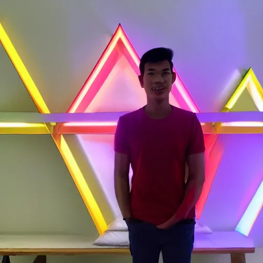 Prompt: a 2 6 year old vietnamese daytrader named jay standing proudly in front of triangular nanoleaf led lights on his wall