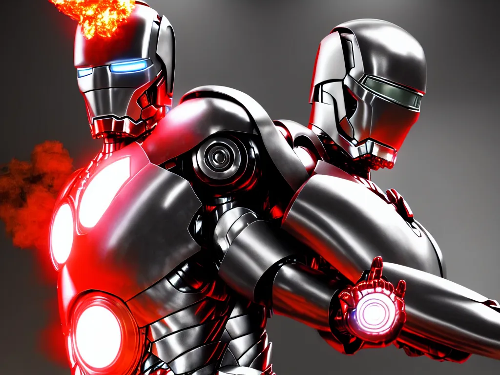 Image similar to robocop in a battle with iron man, smoke, fi, chrome, shiny, reflective, metallic, 3 d render, realistic, hdr, stan winston studios, dramatic lighting, flame colors bright,