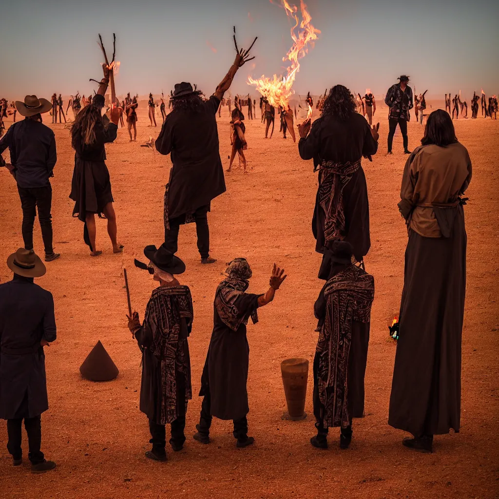 Image similar to atmospheric photograph of three ravers, two men, one woman, woman is in a trenchcoat, blessing the soil at night, seen from behind, people facing fire circle, two aboriginal elders, dancefloor kismet, diverse costumes, clean composition, desert transition area, bonfire, atmospheric night, australian desert, symmetry, sony a 7 r