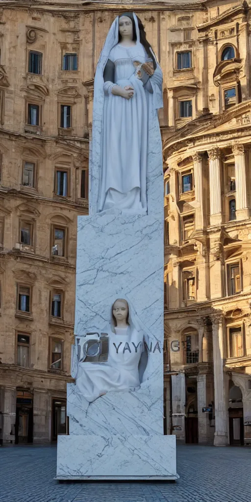 Prompt: A marble sculpture of The Mona Lisa in the middle of an empty Italian piazza, midday, 4k photograph, sunny day, low angle