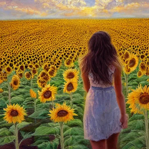 Image similar to a girl slowly walking through amazing tall sunflower field, hair flowing, early morning lightning, bad weather approaching, elegant, subtle, intricate details, real masterpiece, oil on canvas, by somsak anong