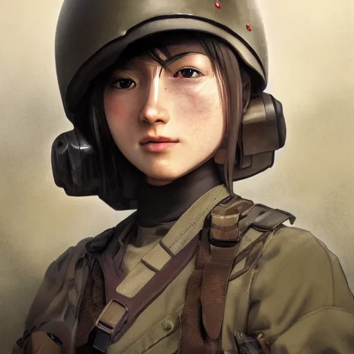 Prompt: side portrait of tanker girl, soldier clothing, combat helmet, anime style, short hair, hair down, symmetrical facial features, from arknights, hyper realistic, 4 k, rule of thirds, extreme detail, detailed drawing, trending artstation, hd, d & d, realistic lighting, by alphonse mucha, greg rutkowski, sharp focus, backlit