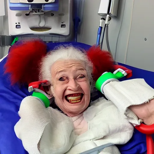 Prompt: crazy old lady clown with wrist restraints in hospital bed