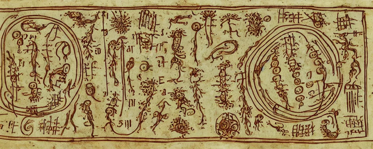 Image similar to ancient book with pictographs of spaghetti, in the style of the voynich manuscript, fine detail,