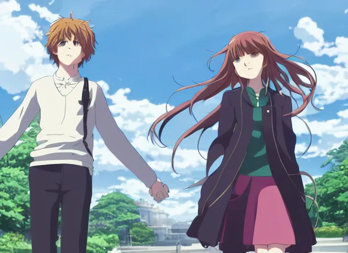 Image similar to Hermione and Ron holding hands, anime key visual, scene by Makoto Shinkai