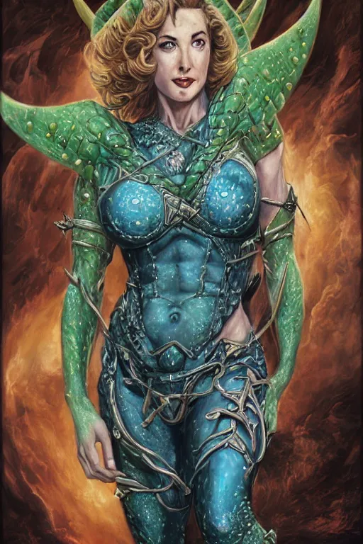 Image similar to A fantasy comic book style portrait painting of Cory Chase, hybrid, Julie Adams (1952), as an Atlantean Reptilian Warrior, François Boucher, Oil Painting, Mystical Valkyrie wearing intricately designed, jewel inlaid Armor, Modest, unreal 5, DAZ, hyperrealistic, octane render, Regal, Refined, Detailed Digital Art, RPG portrait, William-Adolphe Bouguereau, Michael Cheval, Walt Disney (1937), Steampunk, dynamic lighting, Highly Detailed, Cinematic Lighting, Unreal Engine, 8k, HD