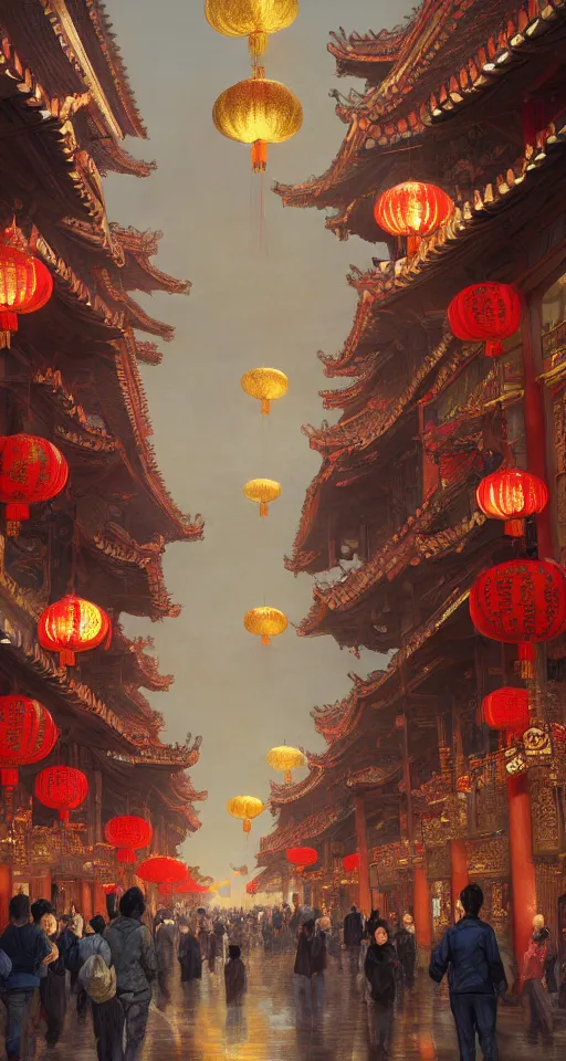 Image similar to epic scenery of a shopping street in the Chinese imperial city, intricate, elegant, volumetric lighting, digital painting, highly detailed, artstation, sharp focus, illustration, concept art, ruan jia, steve mccurry