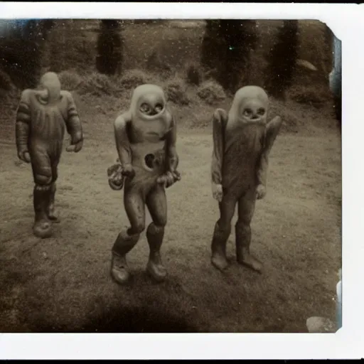 Image similar to really old polaroid photograph of horrorific extraterrestrial beings visiting earth,