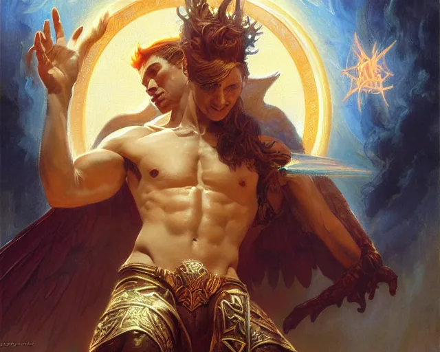 Image similar to attractive male deity, casting demonic magic, summoning handsome lucifer morning star. highly detailed painting by gaston bussiere, craig mullins, j. c. leyendecker 8 k