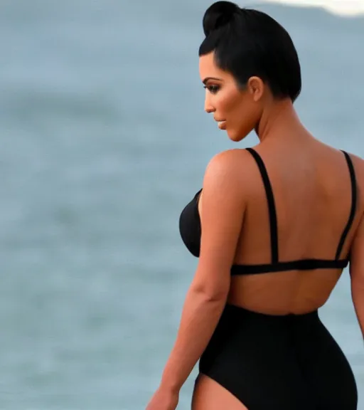 Image similar to rear waist still of kim kardashian wearing a high tightly fitted thong, standing by a lake, intricate, elegant, highly detailed, smooth, sharp focus.
