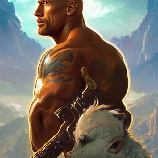 Image similar to Dwayne Johnson and Ryan Gosling Save the World, fantasy, intricate, elegant, highly detailed, digital painting, artstation, concept art, smooth, sharp focus, illustration, art by artgerm and greg rutkowski and alphonse mucha