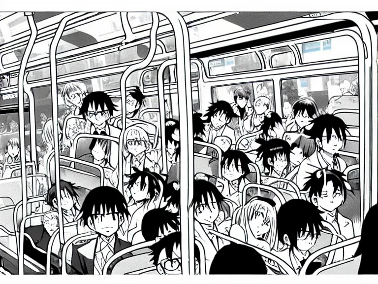 Prompt: Cat used as public transport in a busy city center, people on the bus, crowded, in the style of Manga, Eichiro Oda, hyper detailed