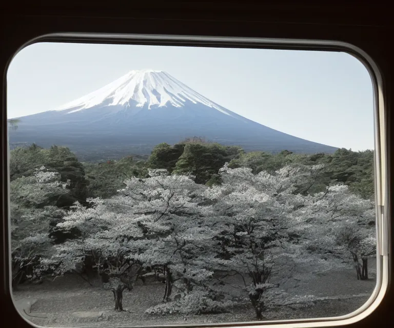 Image similar to a photo of mount fuji, among beautiful japanese landscapes, seen from a window of a train. dramatic lighting.