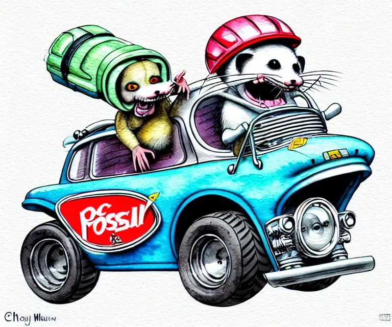 Image similar to cute and funny, opossum wearing a helmet riding in a tiny hot rod with oversized engine, ratfink style by ed roth, centered award winning watercolor pen illustration, isometric illustration by chihiro iwasaki, edited by range murata, tiny details by artgerm and watercolor girl, symmetrically isometrically centered, focused