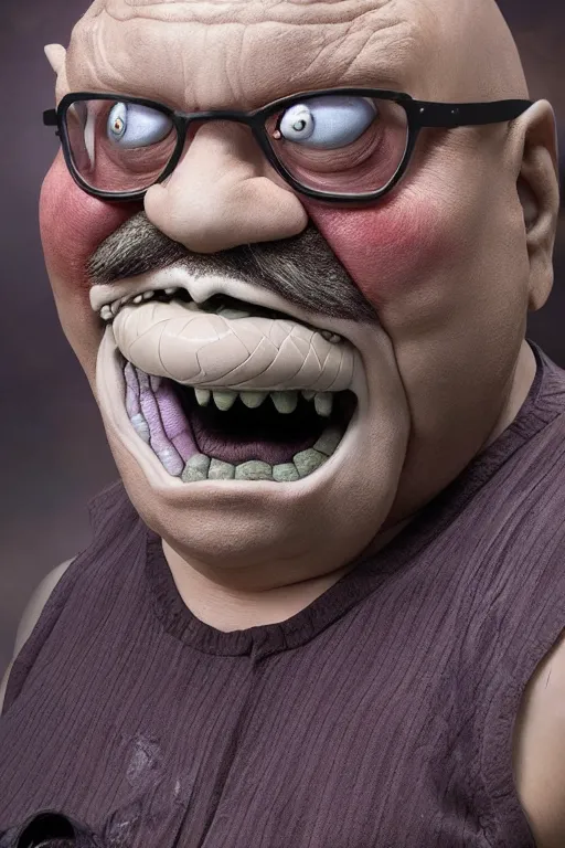 Prompt: award winning prosthetic makeup of wario, silicone prosthetics, danny devito. Faceoff syfy original programming, 4k image